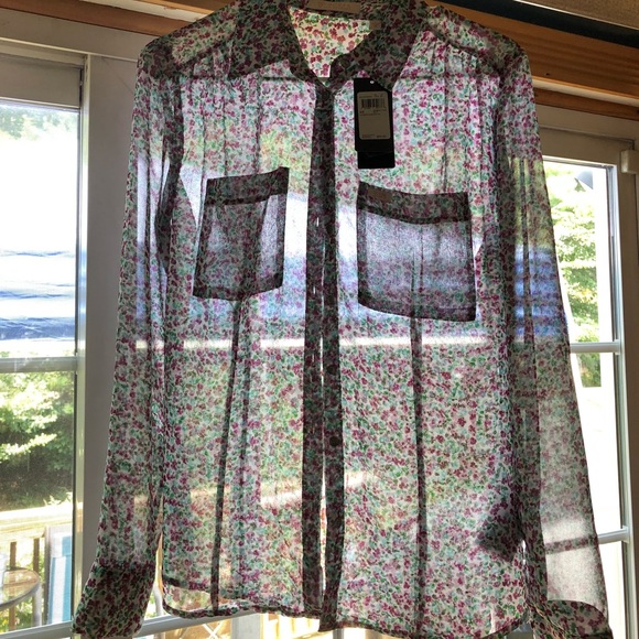 Sheer Button Up Floral Top- Guess Brand - Picture 1 of 2
